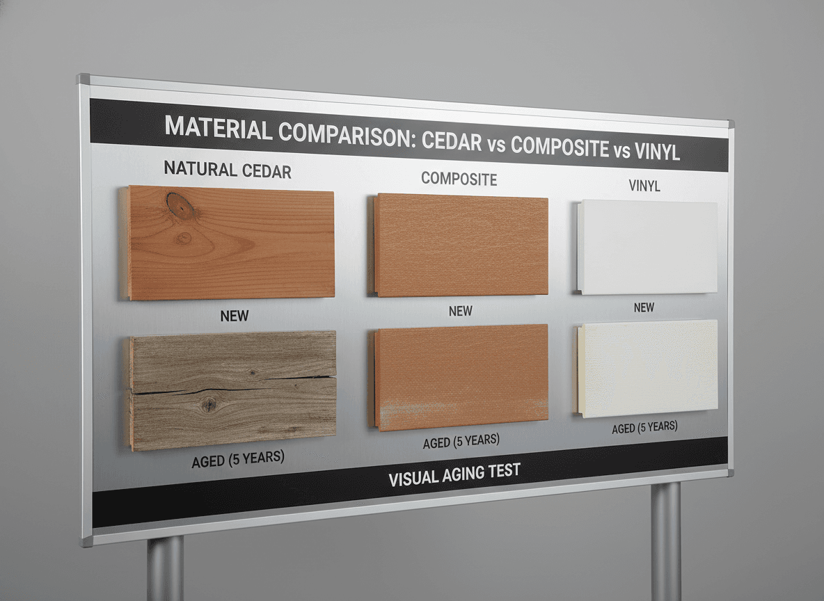 Material comparison visual guide showing cedar, composite, and vinyl side by side